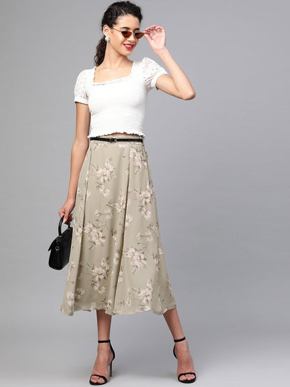 Women's Olive Floral Flared Skirt