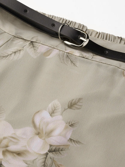 Women's Olive Floral Flared Skirt