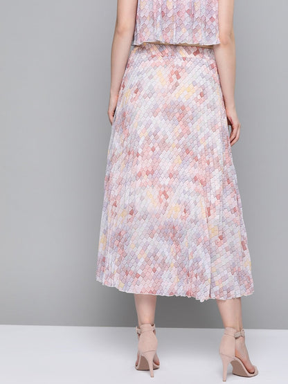 Women's Peach Tile Print Pleated Longline Skirt