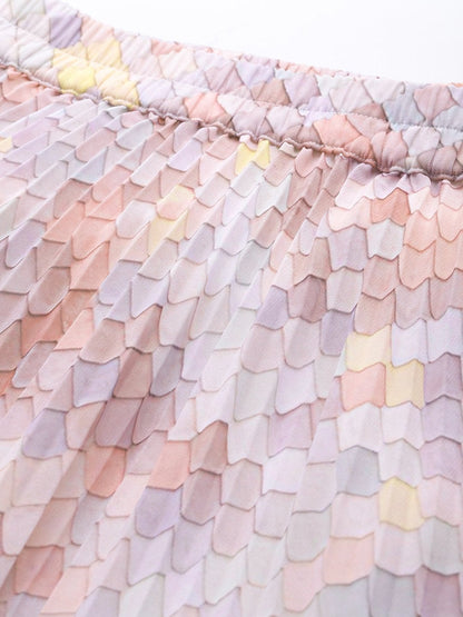 Women's Peach Tile Print Pleated Longline Skirt