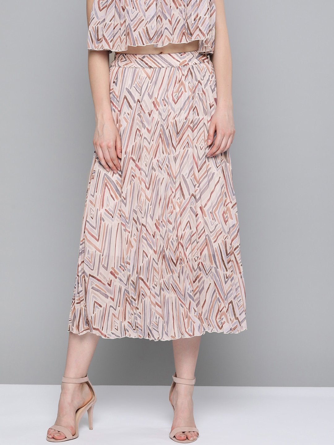 Women's Beige Geometric Print Pleated Longline Skirt