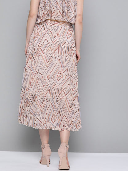 Women's Beige Geometric Print Pleated Longline Skirt