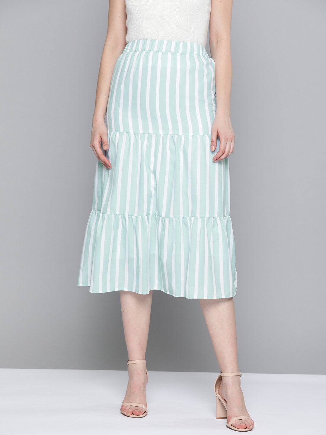 Women's Sea Green Stripe Tiered Skirt