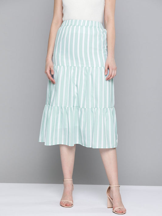 Women's Sea Green Stripe Tiered Skirt