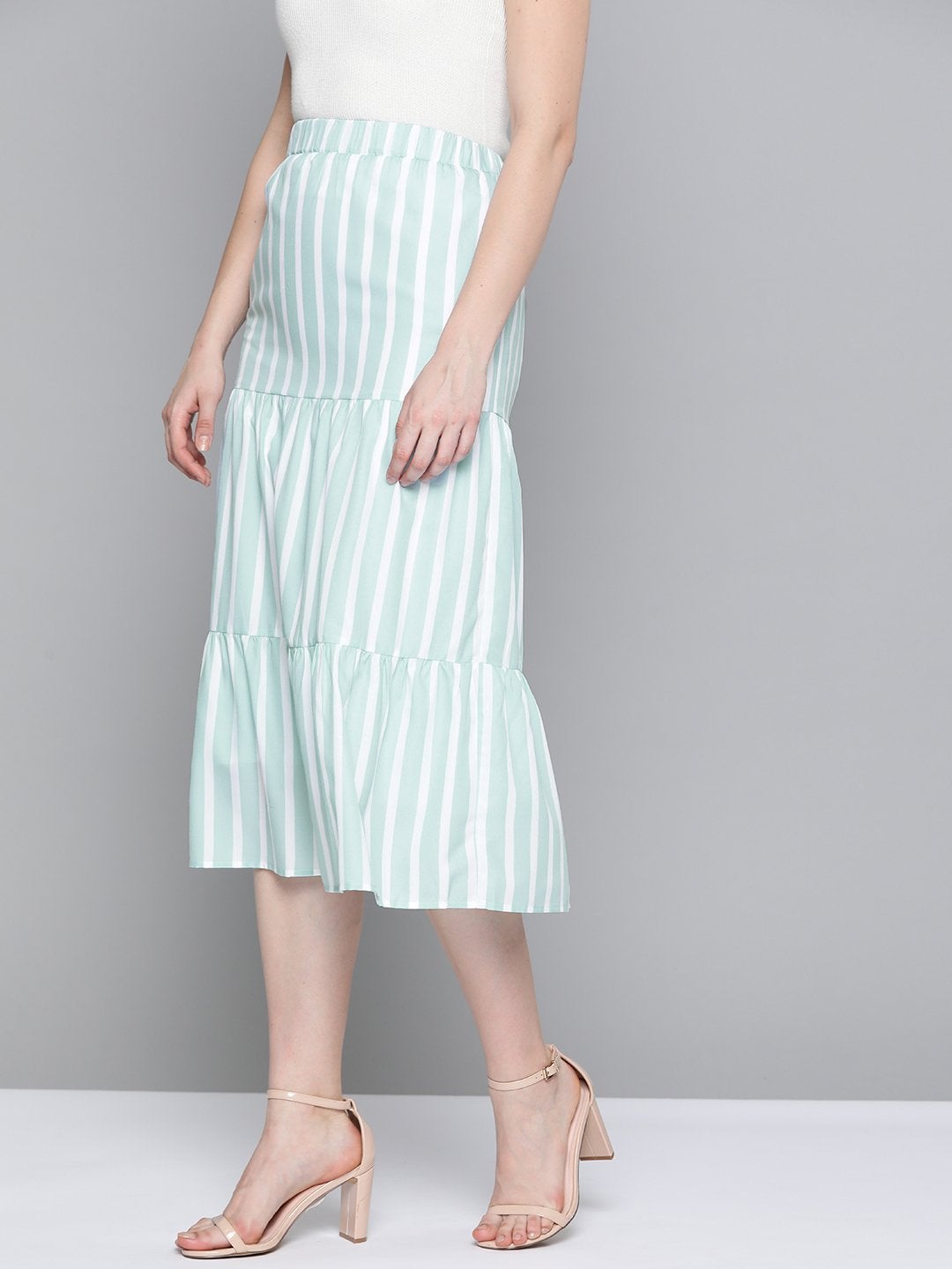 Women's Sea Green Stripe Tiered Skirt