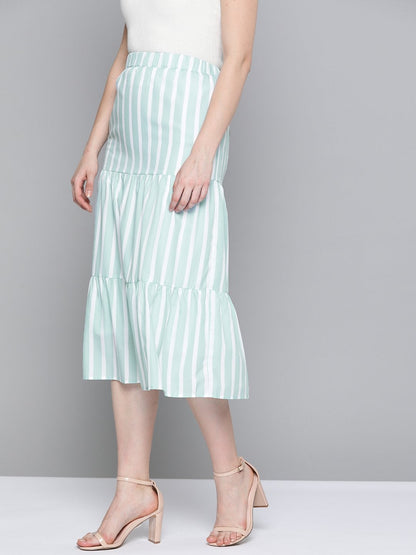 Women's Sea Green Stripe Tiered Skirt