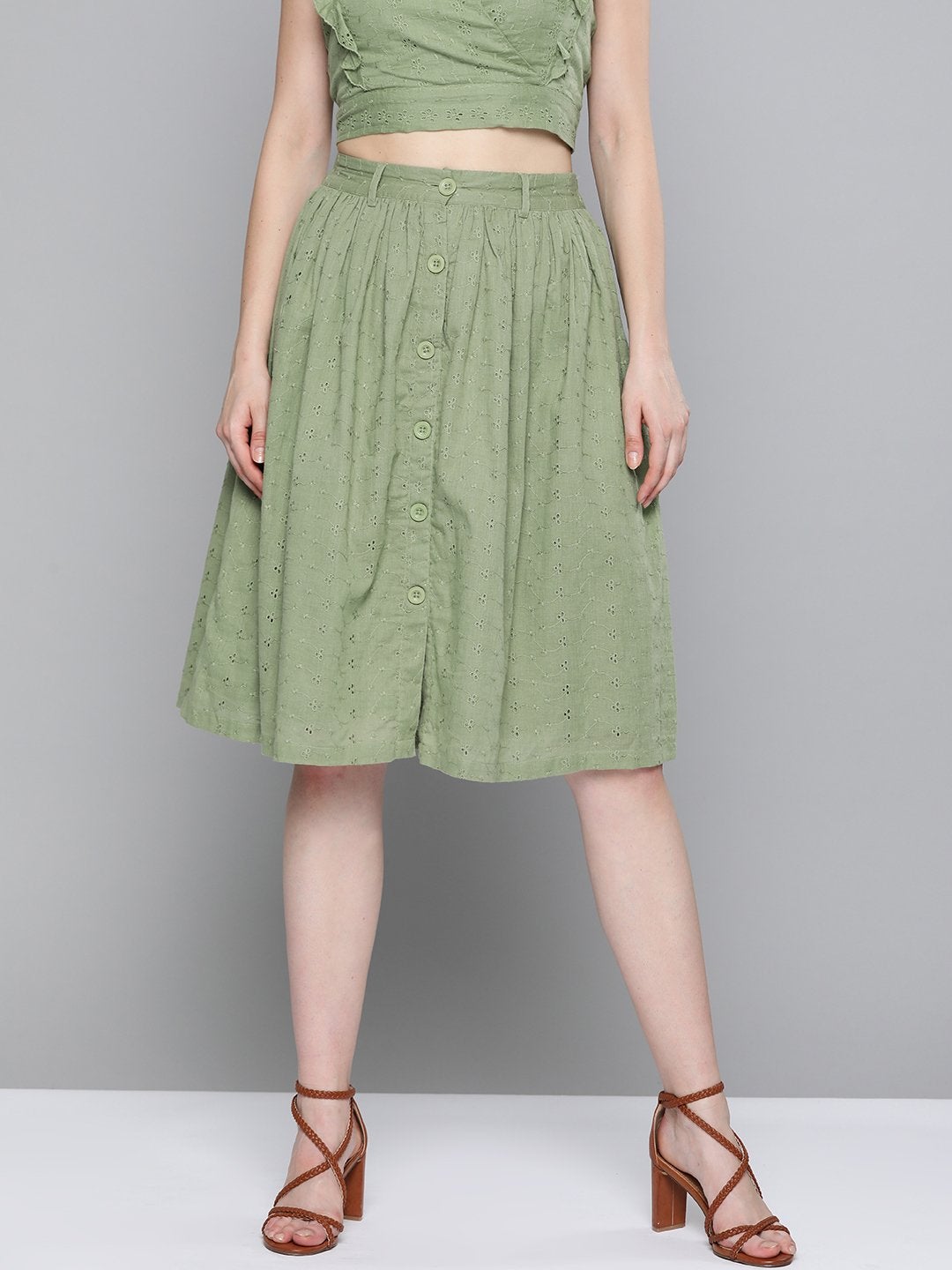 Women's Olive Schiffli Buttoned Skirt