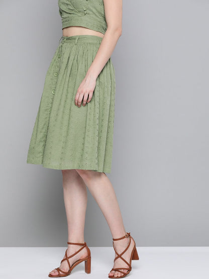 Women's Olive Schiffli Buttoned Skirt