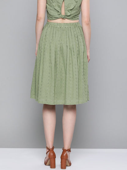 Women's Olive Schiffli Buttoned Skirt