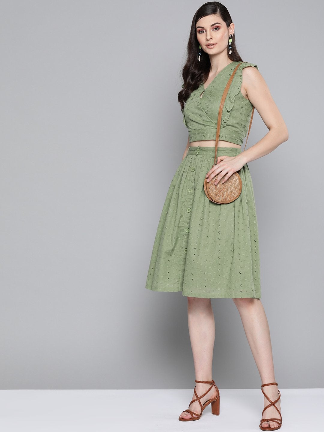 Women's Olive Schiffli Buttoned Skirt