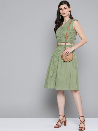 Women's Olive Schiffli Buttoned Skirt
