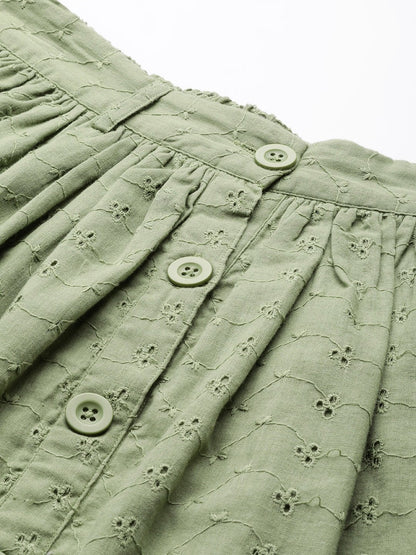 Women's Olive Schiffli Buttoned Skirt