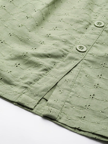 Women's Olive Schiffli Buttoned Skirt