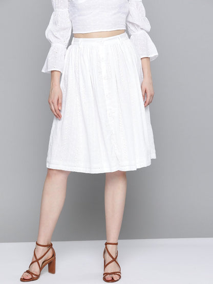 Women's White Schiffli Buttoned Skirt
