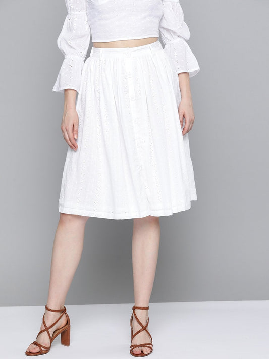 Women's White Schiffli Buttoned Skirt