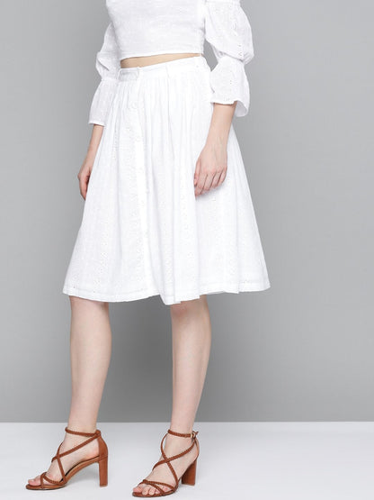 Women's White Schiffli Buttoned Skirt