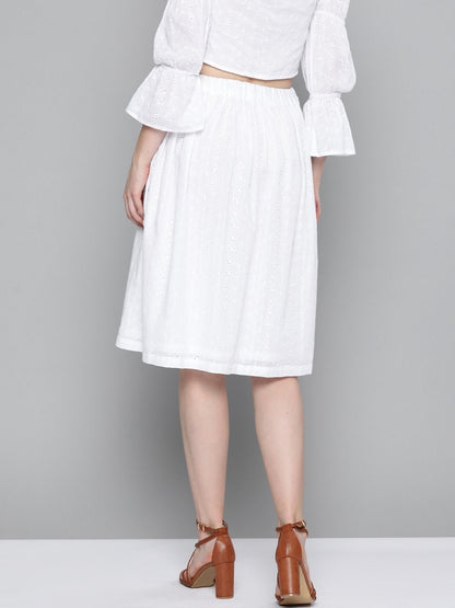 Women's White Schiffli Buttoned Skirt