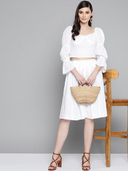 Women's White Schiffli Buttoned Skirt