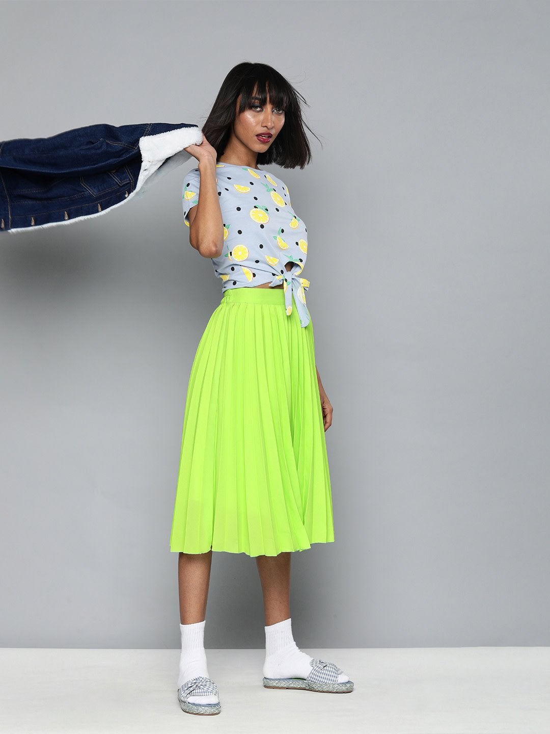 Women's Neon Green Pleated Skirt