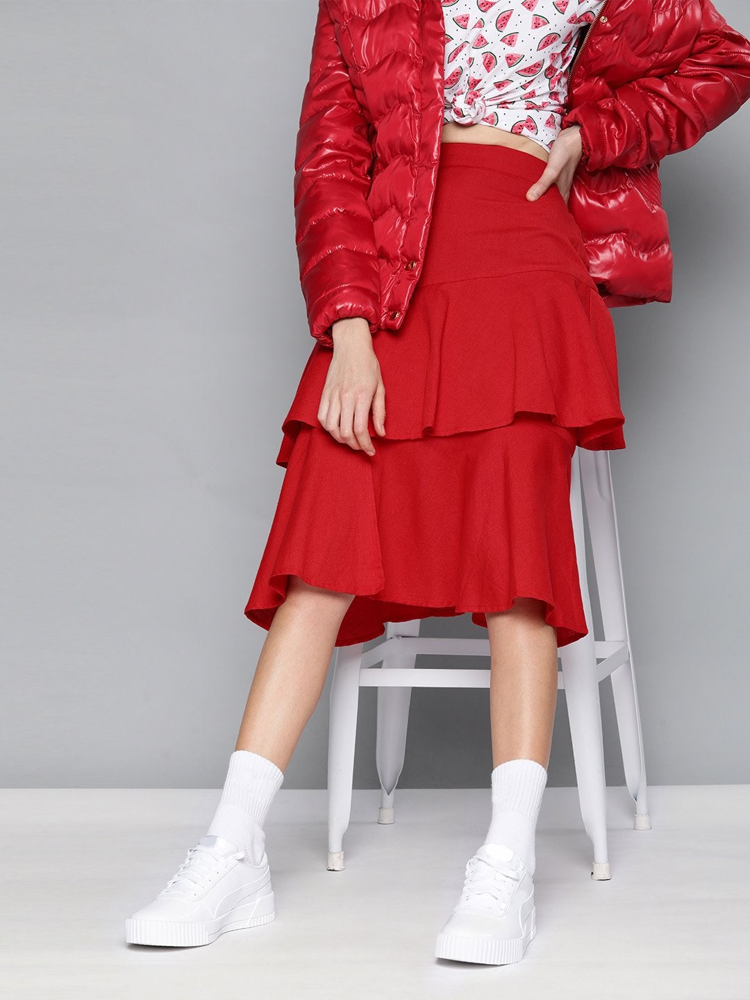 Women's Red Layered Midi Skirt