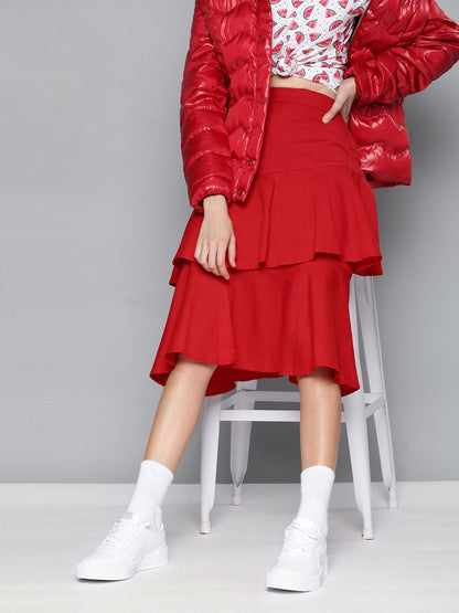 Women's Red Layered Midi Skirt