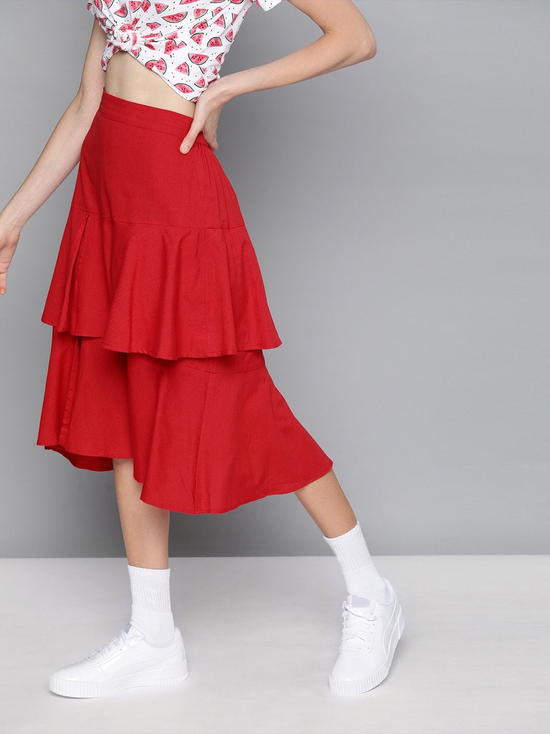 Women's Red Layered Midi Skirt