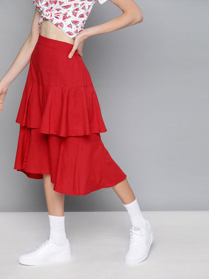 Women's Red Layered Midi Skirt