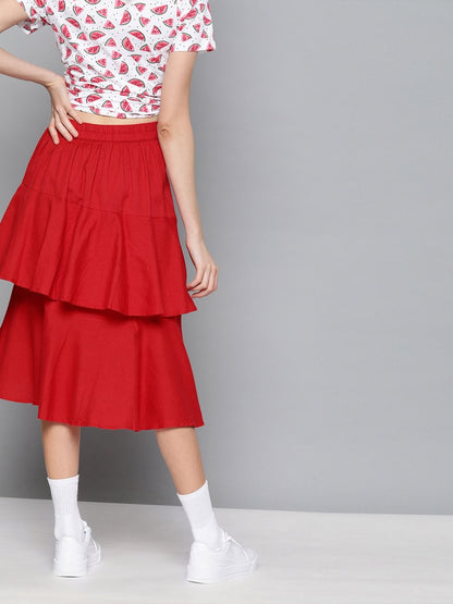 Women's Red Layered Midi Skirt
