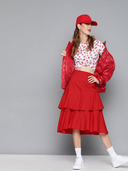 Women's Red Layered Midi Skirt