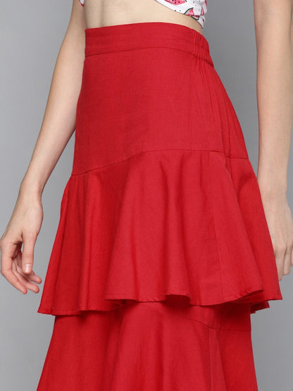 Women's Red Layered Midi Skirt