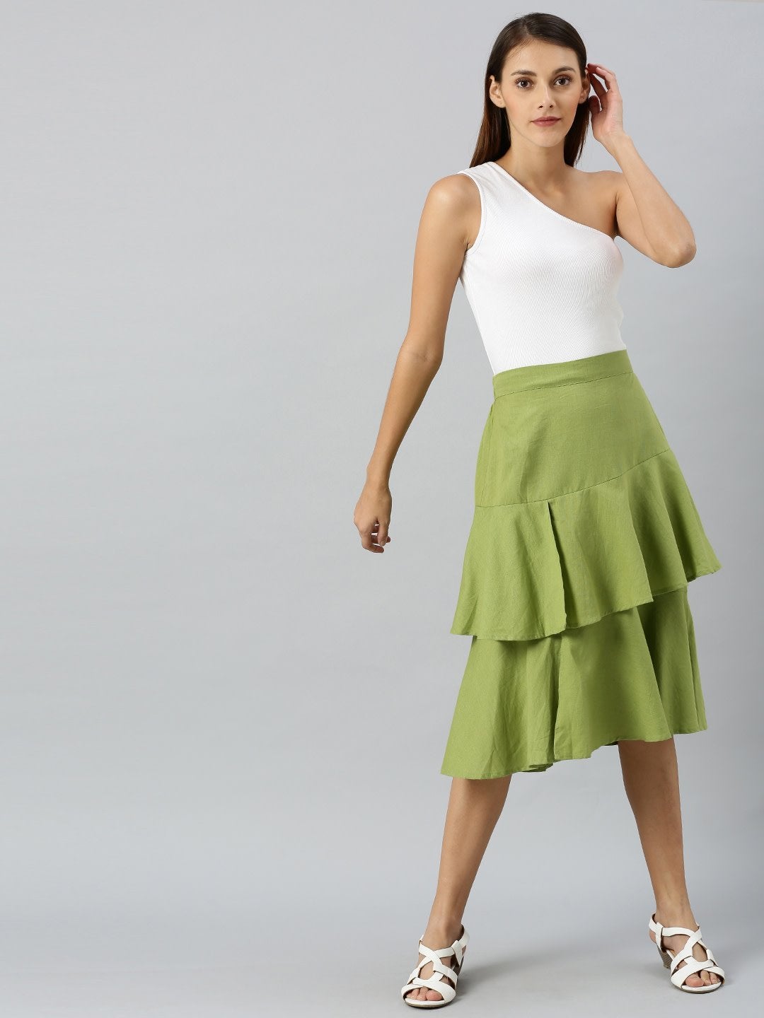 Women's Mint Green Layered Midi Skirt