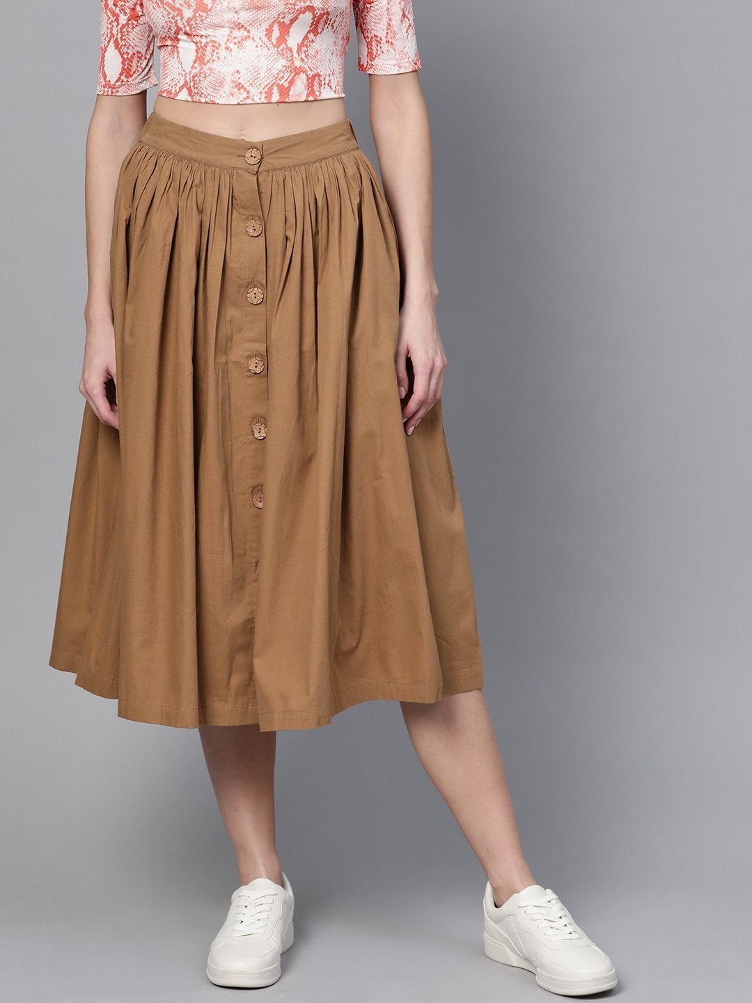 Women's Brown Front Button Gathered Skirt
