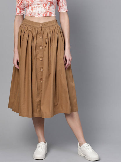 Women's Brown Front Button Gathered Skirt