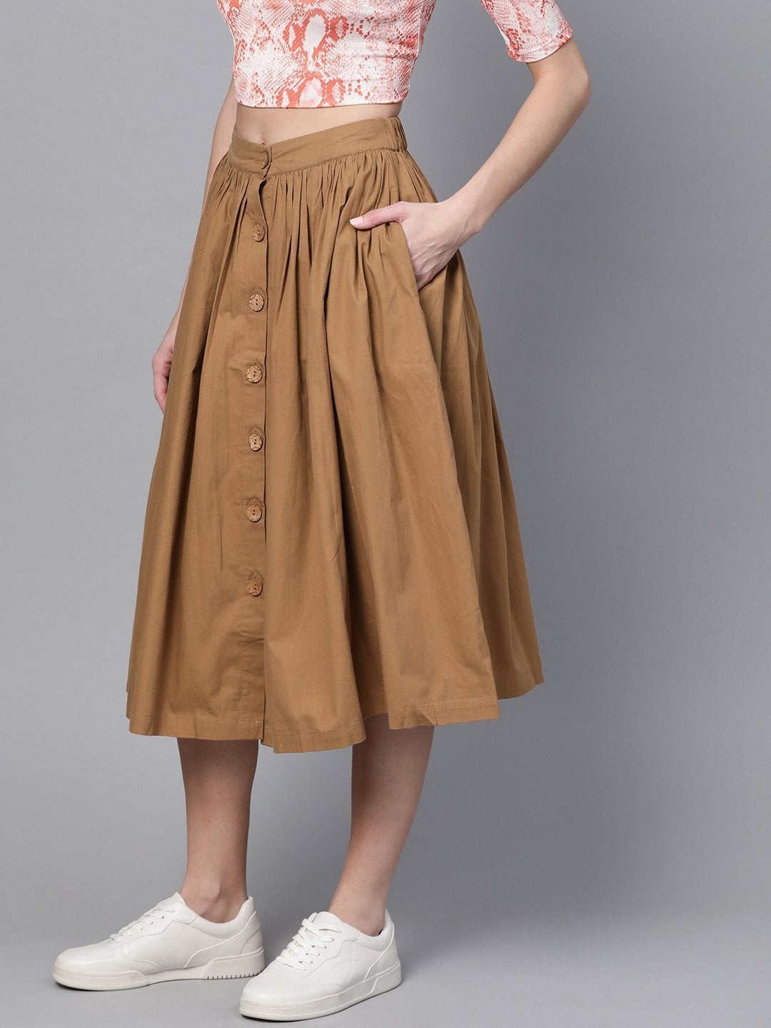 Women's Brown Front Button Gathered Skirt