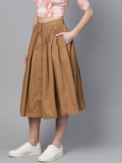 Women's Brown Front Button Gathered Skirt