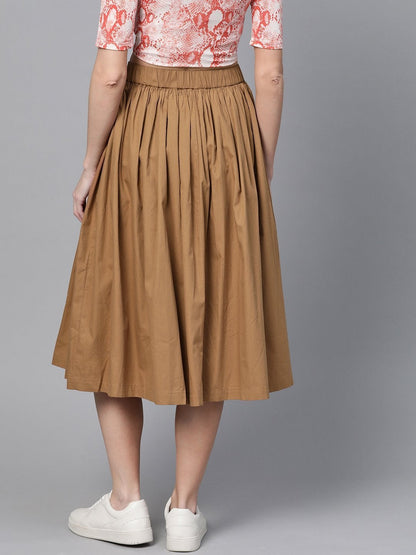 Women's Brown Front Button Gathered Skirt