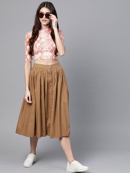 Women's Brown Front Button Gathered Skirt