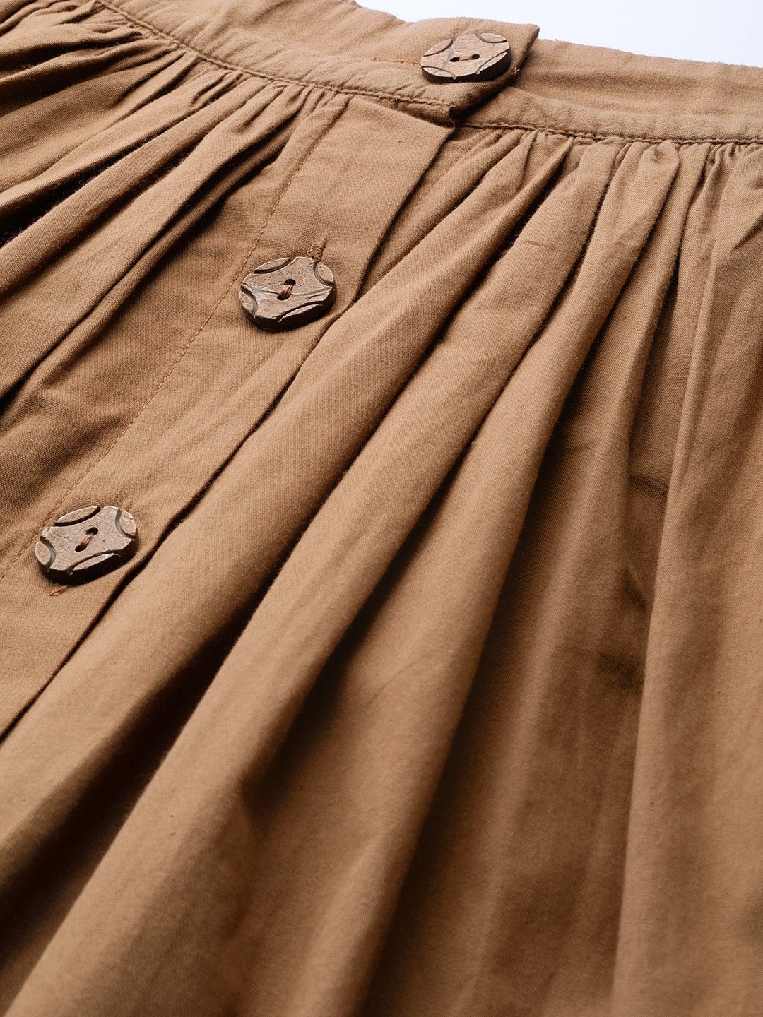 Women's Brown Front Button Gathered Skirt
