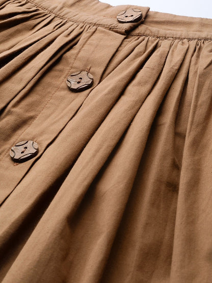 Women's Brown Front Button Gathered Skirt
