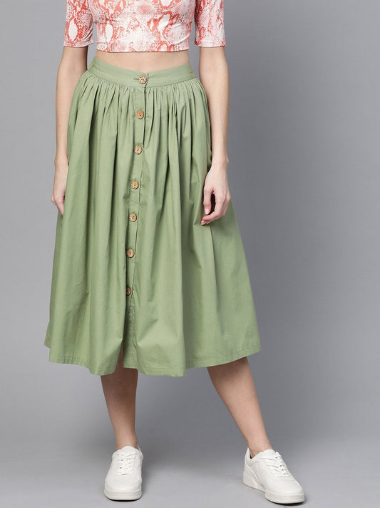 Women's Olive Front Button Gathered Skirt