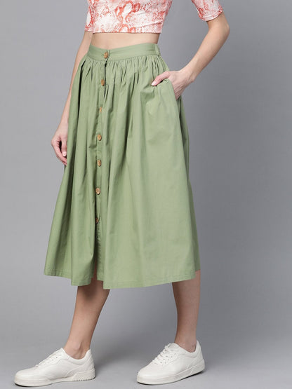 Women's Olive Front Button Gathered Skirt