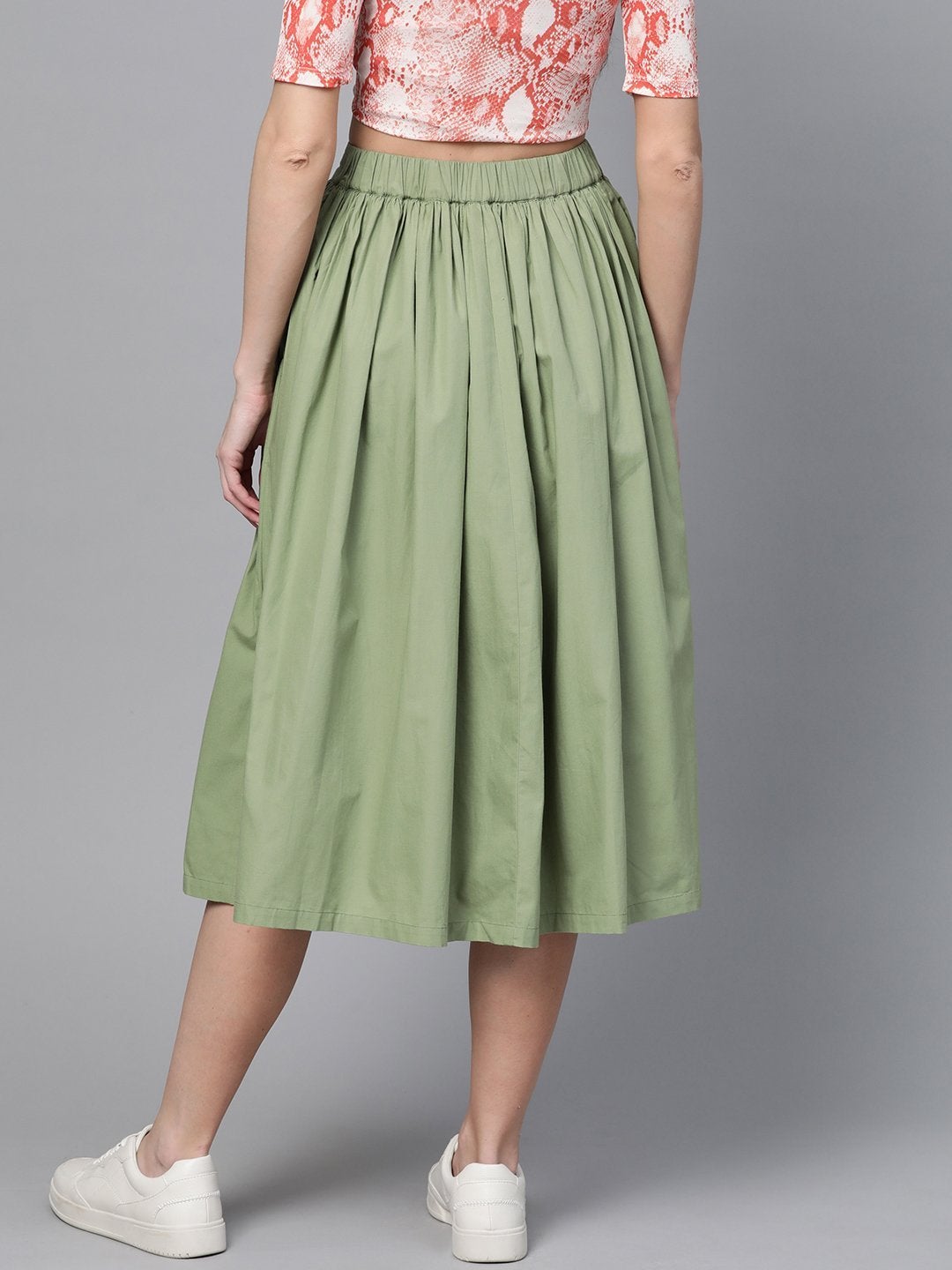 Women's Olive Front Button Gathered Skirt