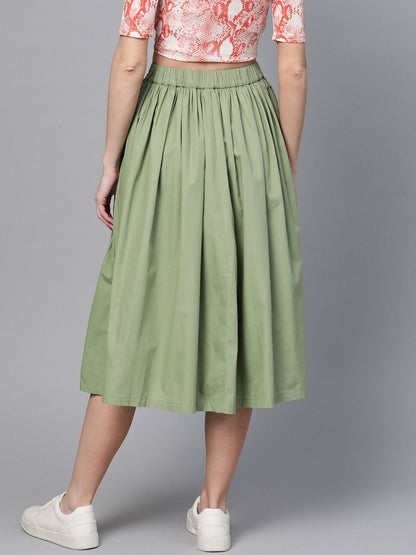 Women's Olive Front Button Gathered Skirt
