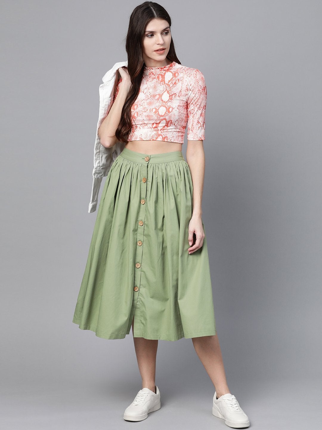 Women's Olive Front Button Gathered Skirt