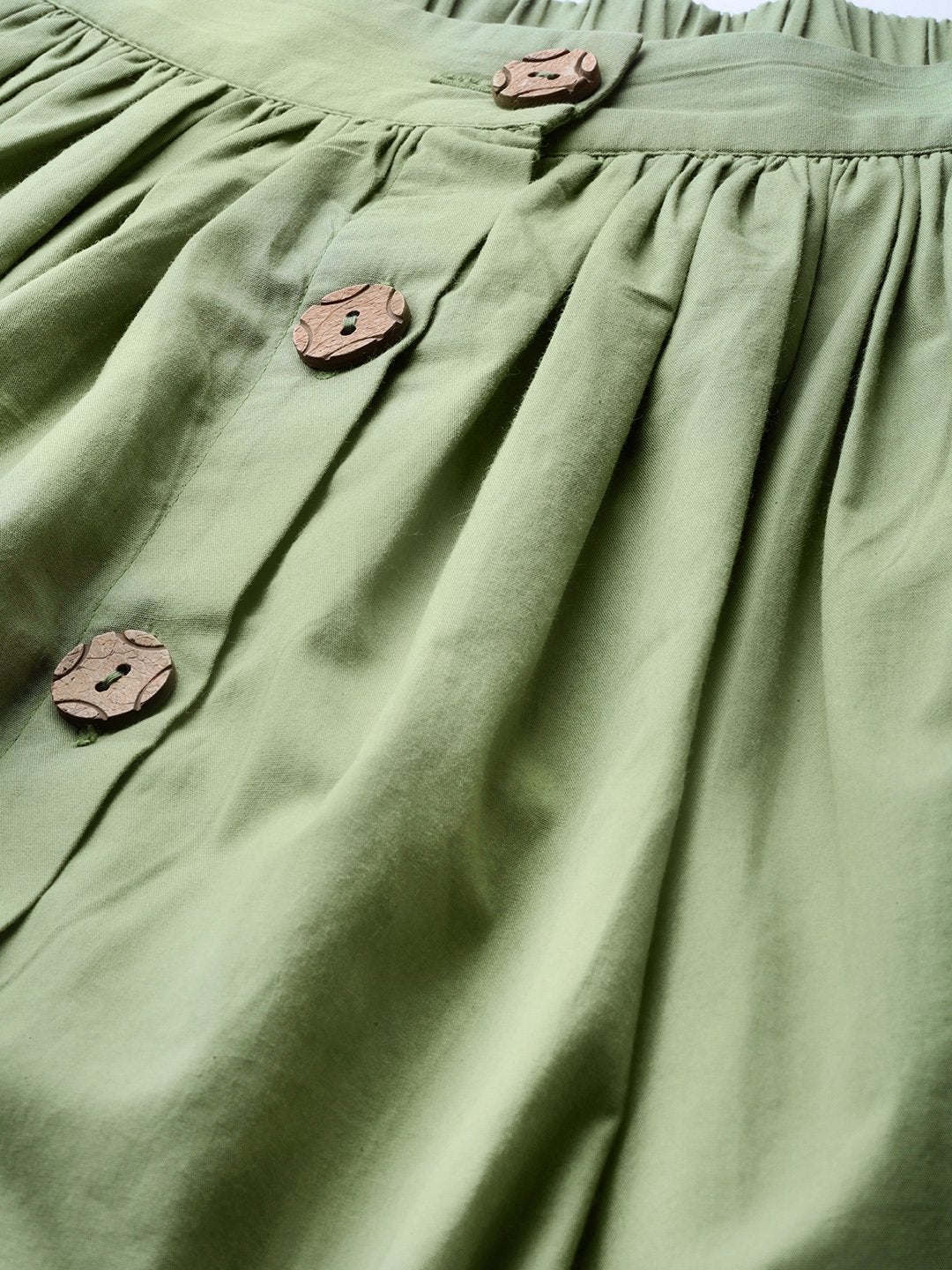 Women's Olive Front Button Gathered Skirt