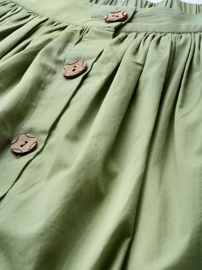 Women's Olive Front Button Gathered Skirt