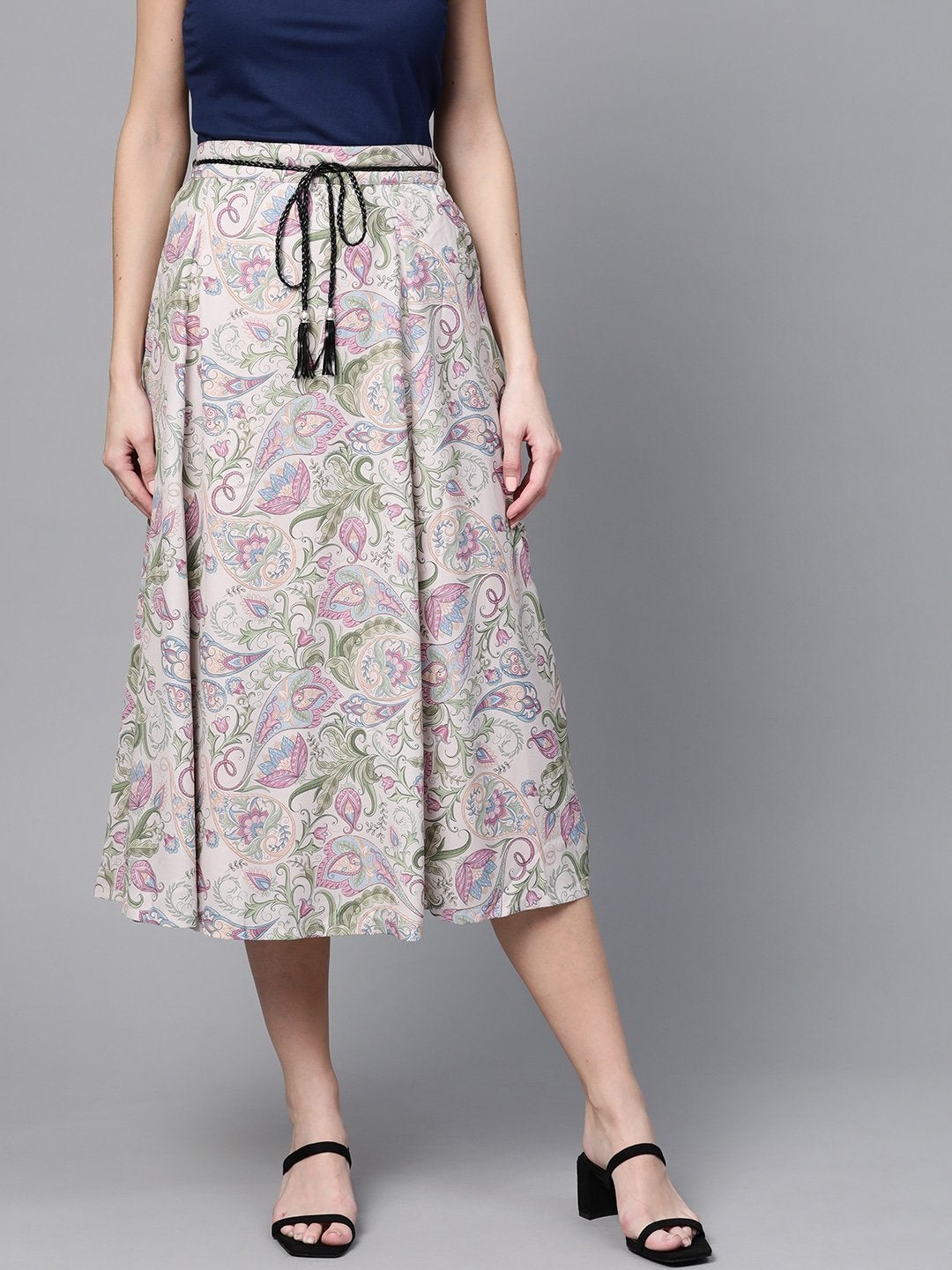 Women's Beige Paisley Flared Belted Skirt