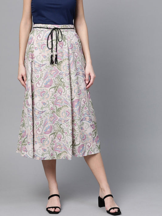 Women's Beige Paisley Flared Belted Skirt