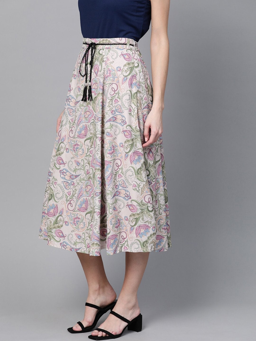 Women's Beige Paisley Flared Belted Skirt