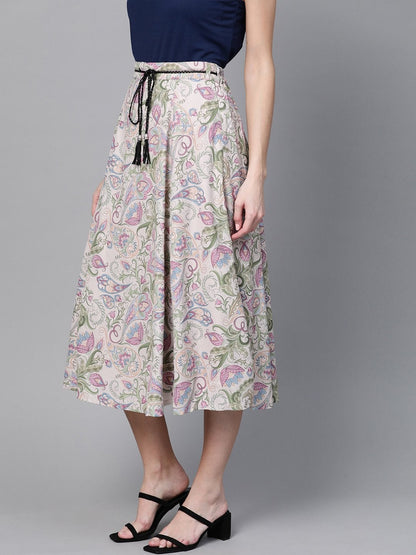 Women's Beige Paisley Flared Belted Skirt